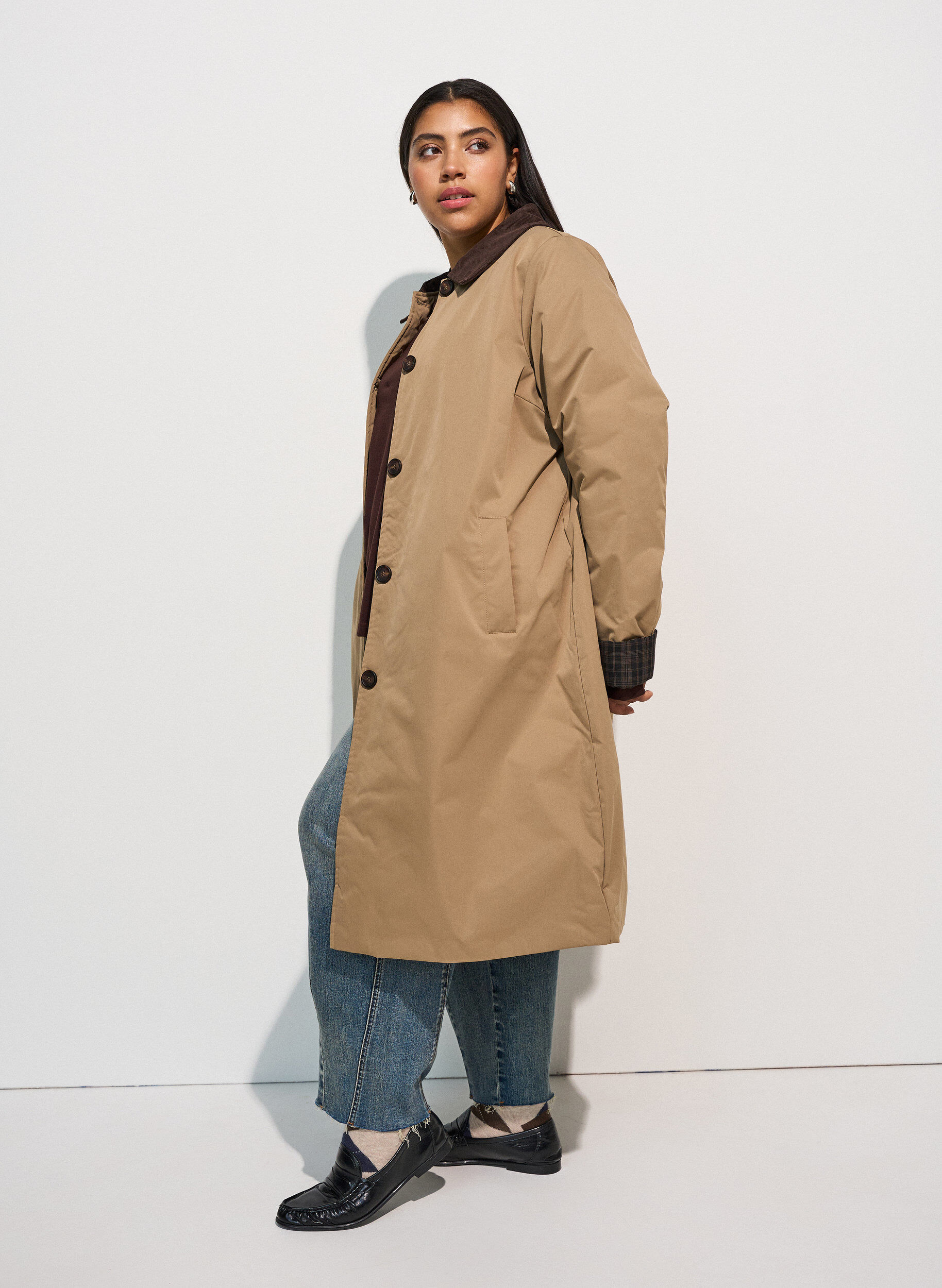 ZizziMittellange Jacke mit Cordkragen, Beige, Model image number 2