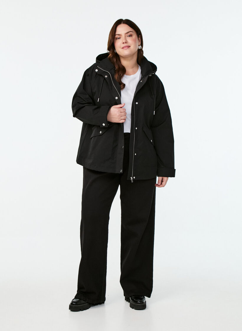 Kurze Frühlingsjacke mit abnehmbarer Kapuze, Schwarz, Model image number 1