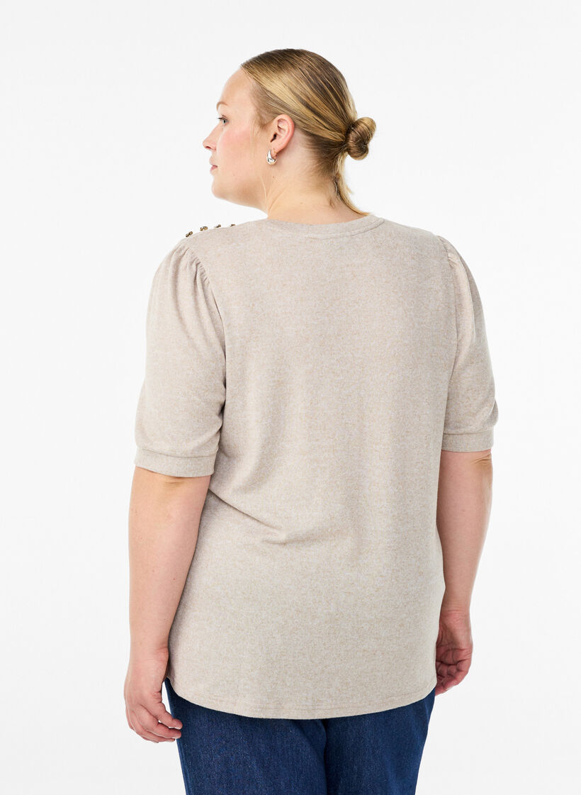 Bluse mit Knopfdetail und kurzen Puff&auml;rmeln, Beige, Model image number 2