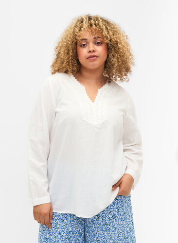 Bluse aus Baumwolle mit Häkeldetail, White, Model image number 0