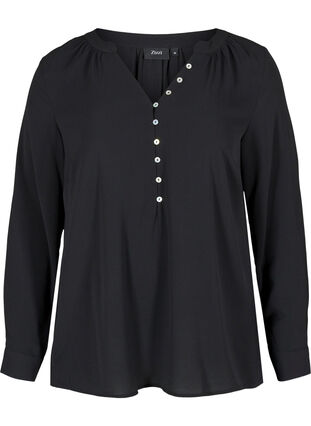 Bluse mit V-Ausschnitt und Knopfdetails, Black, Packshot image number 0
