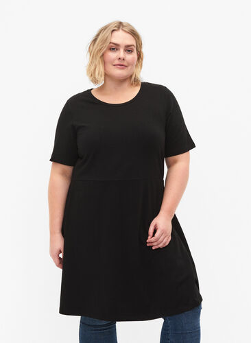 Einfarbiges Kleid aus Baumwolle mit kurzen Ärmeln, Black, Model image number 0
