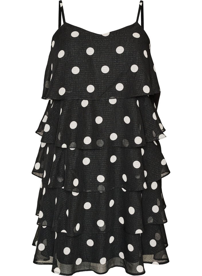 Lagenkleid mit R&uuml;schen und Spaghettitr&auml;gern, Schwarz, Packshot image number 0