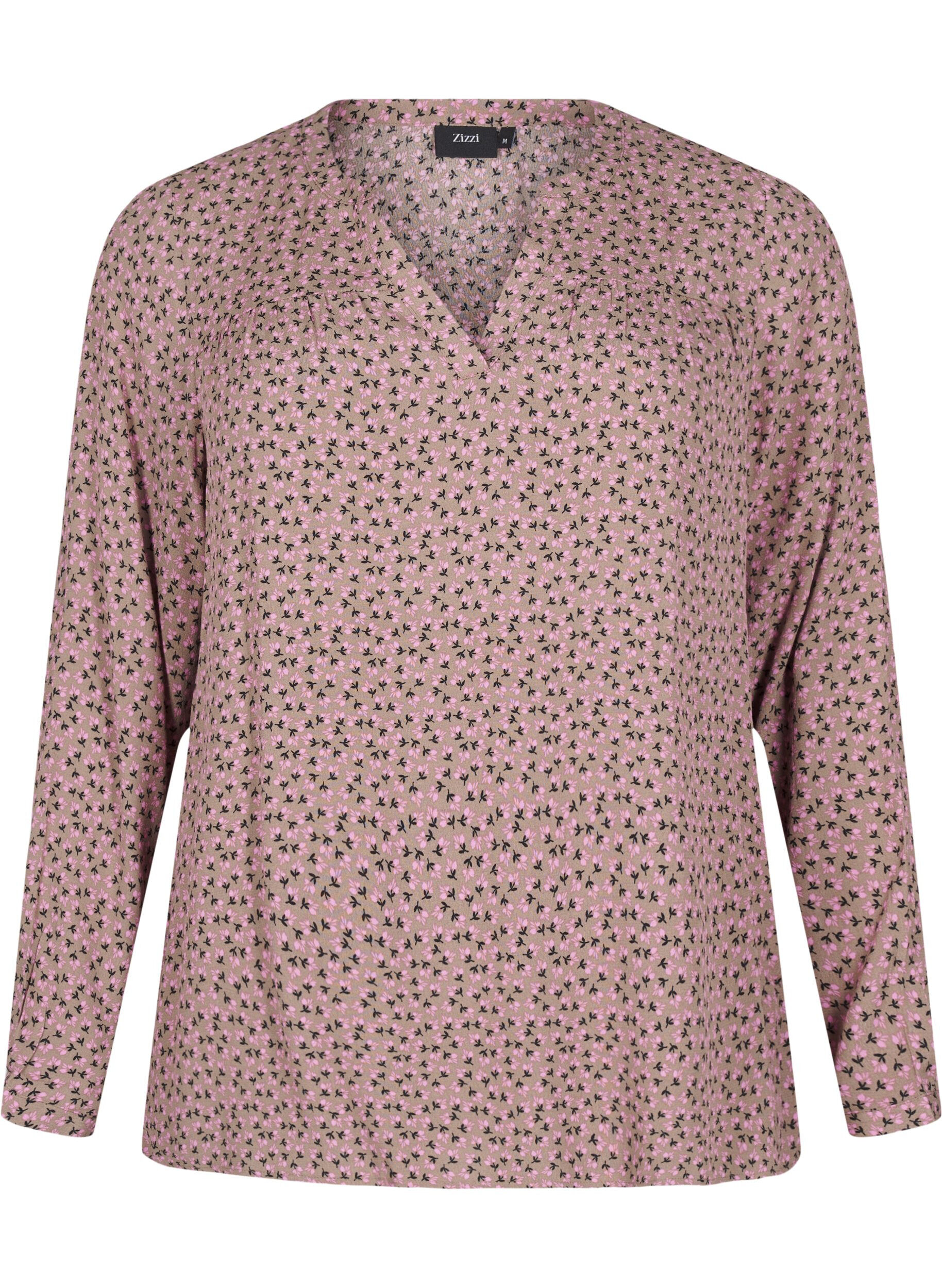 ZizziLang&auml;rmelige Bluse mit gebl&uuml;mtem Print und V-Ausschnitt, Braun, Packshot image number 0