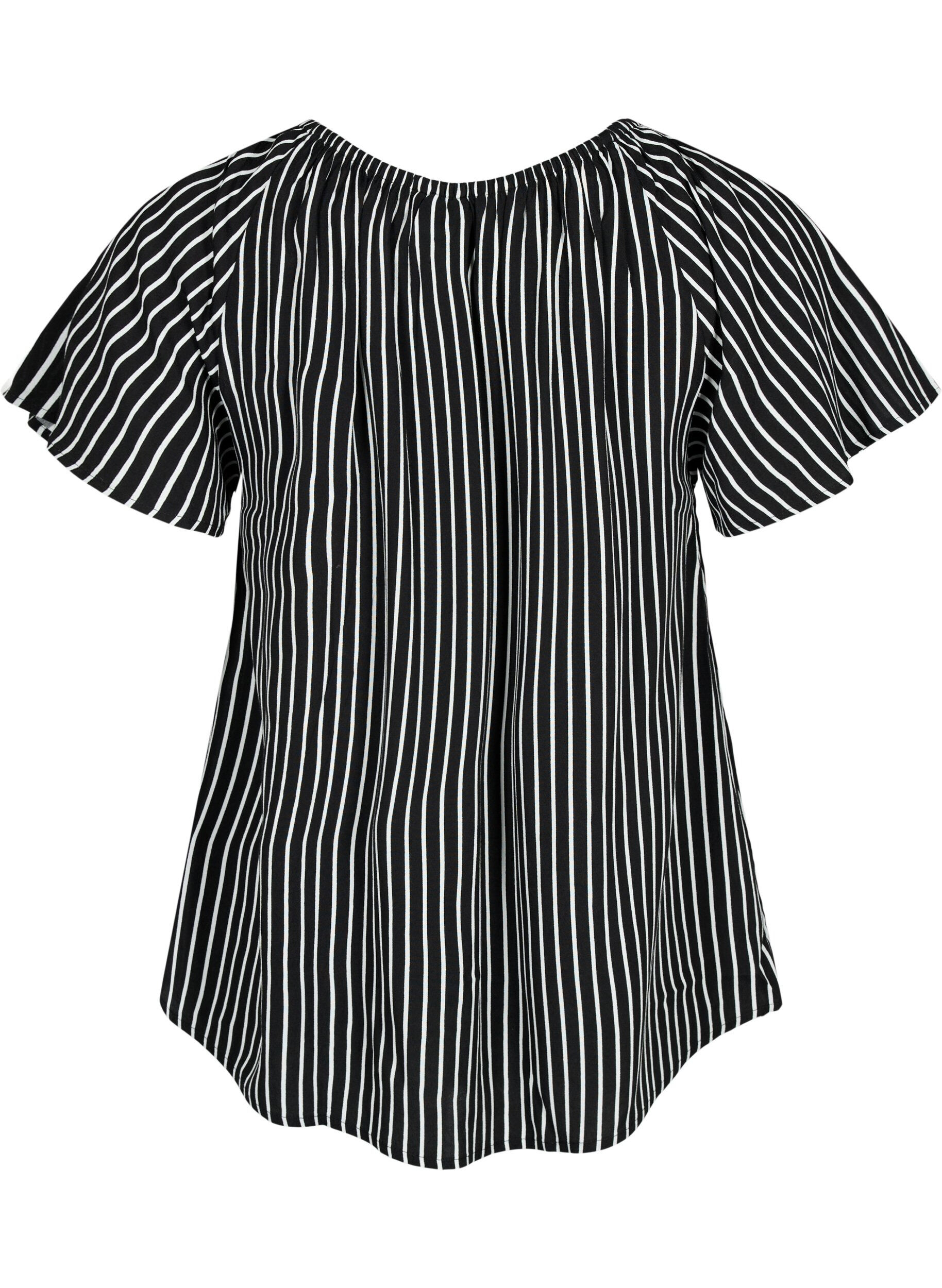 ZizziGestreifte Viskosebluse mit kurzen &Auml;rmeln, Black/ White Stripe, Packshot image number 1