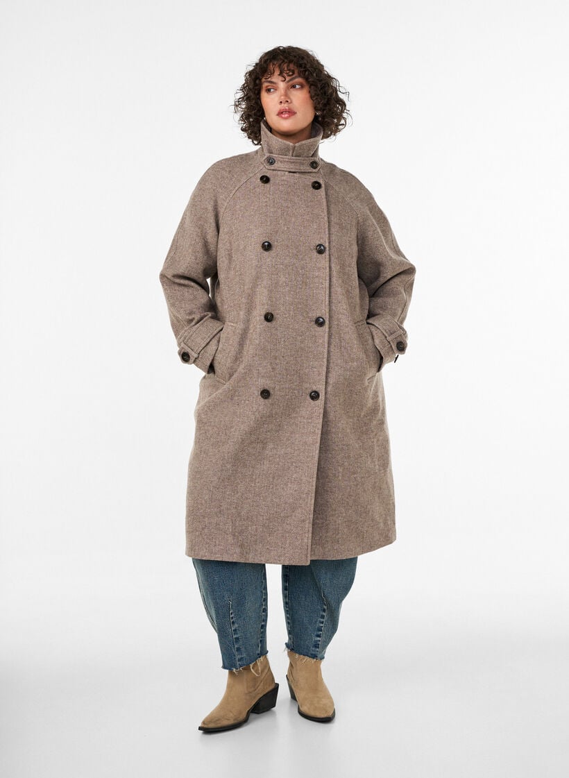 Langer Wollmantel mit hohem Kragen und doppelreihigem Design, Braun, Model image number 0
