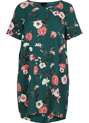 Kleid mit kurzen Ärmeln, GREEN FLOWER AOP, Packshot image number 0