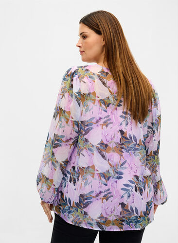 Bedruckte Bluse mit langen Ärmeln, Orchid Bouquet AOP, Model image number 1