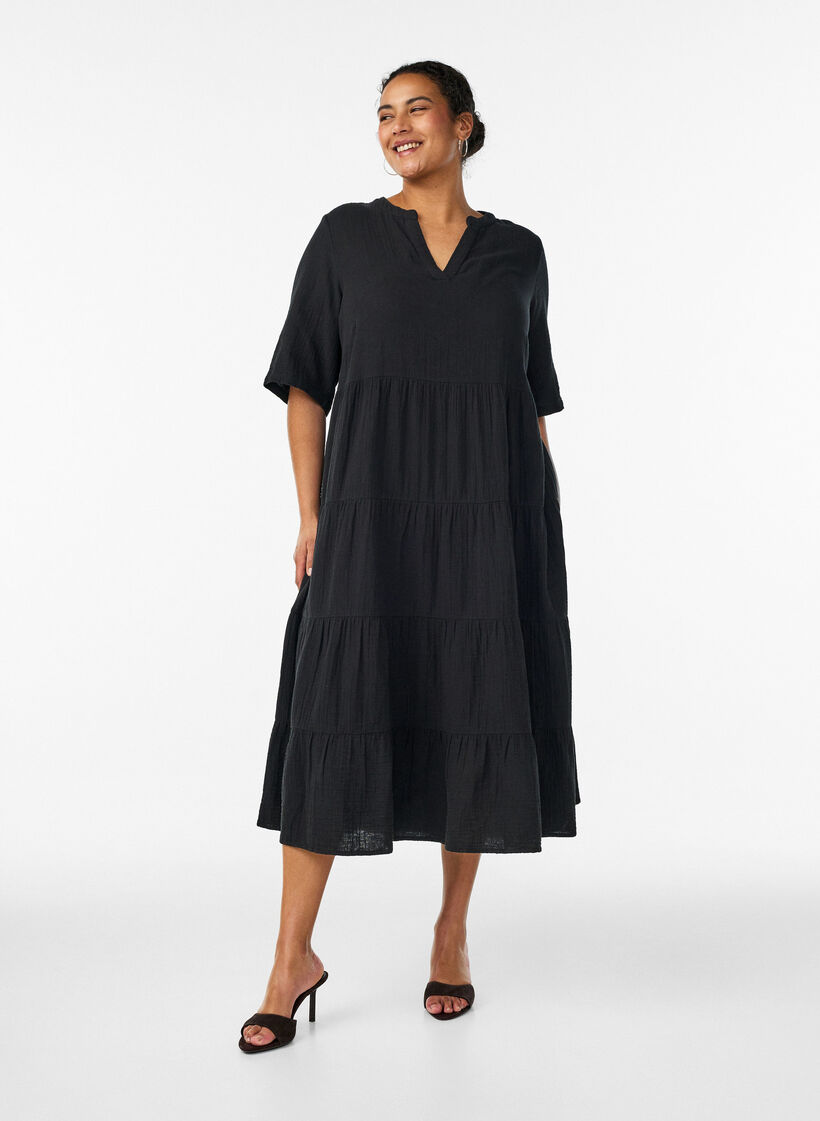 Midikleid in A-Linie aus Baumwoll-Musselin, Schwarz, Model image number 1