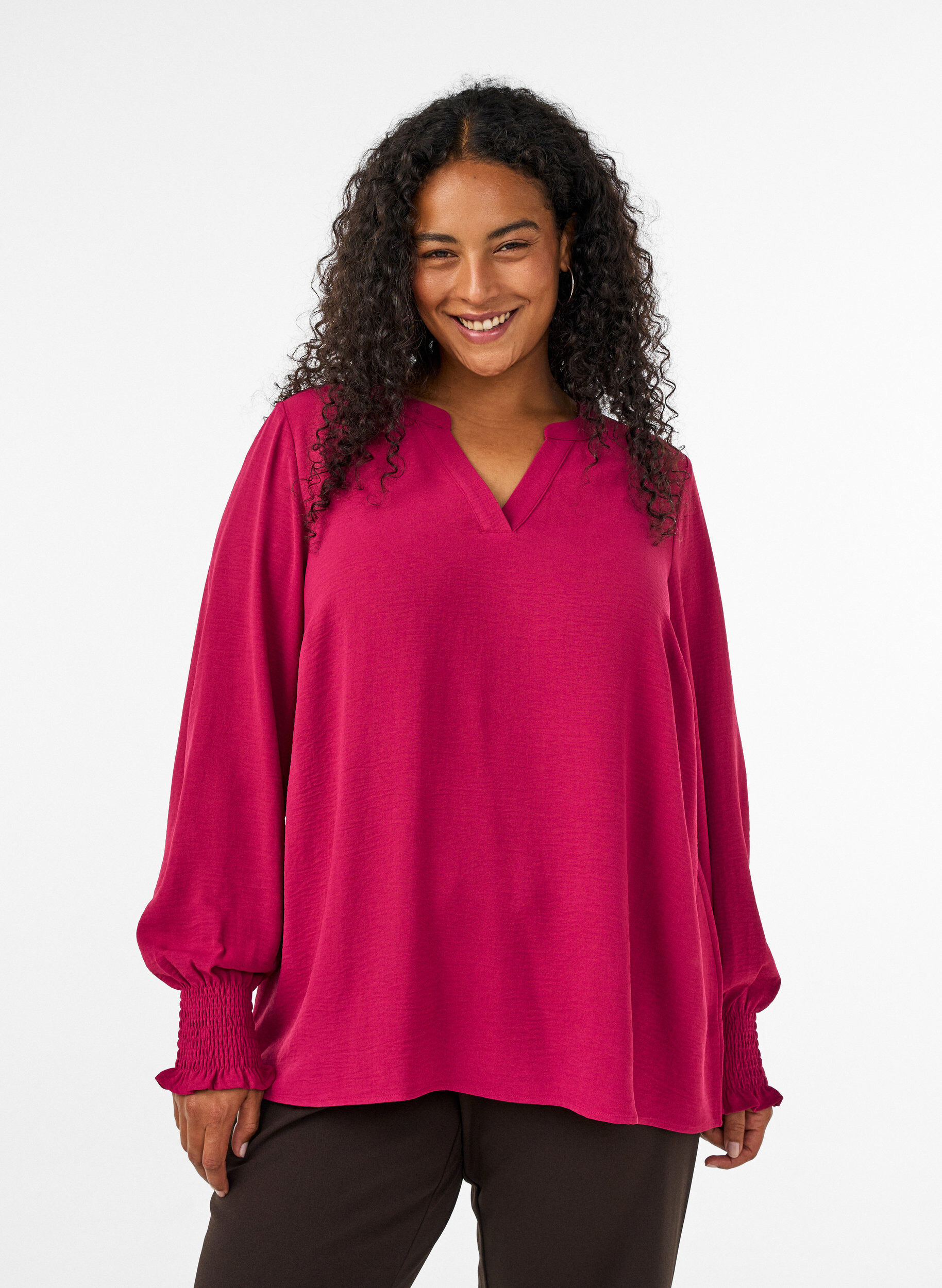 ZizziBluse mit Smockb&uuml;ndchen und V-Ausschnitt, Rot, Model image number 0