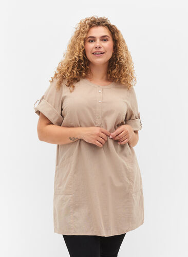 Kurzarm Tunika aus Baumwolle mit Taschen, Simply Taupe, Model image number 0