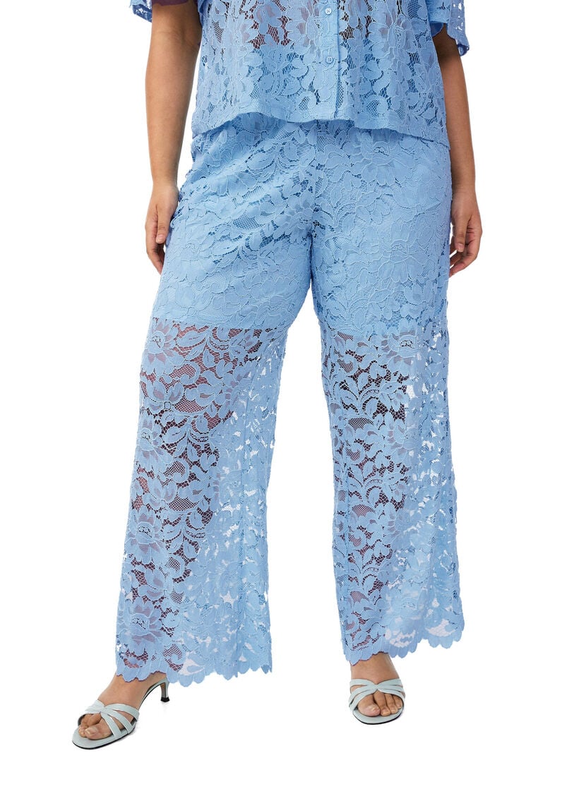 Hoch taillierte Spitzenhose mit geraden Beinen, Blau, Model image number 2