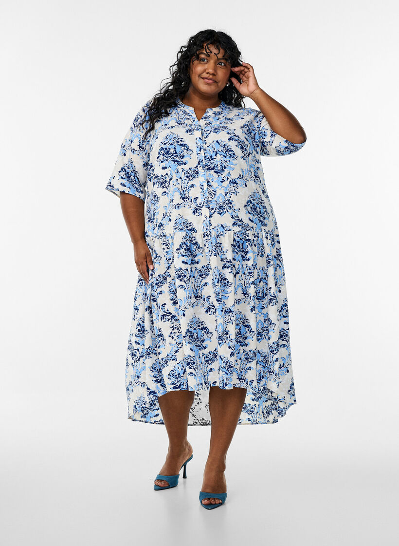 A-Linien-Midi-Kleid mit kurzen Ärmeln, Beige, Model image number 1