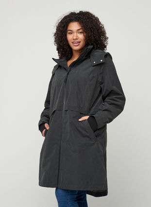 Wasserdichte Jacke mit Kapuze und verstellbarer Taille, Black, Model image number 0