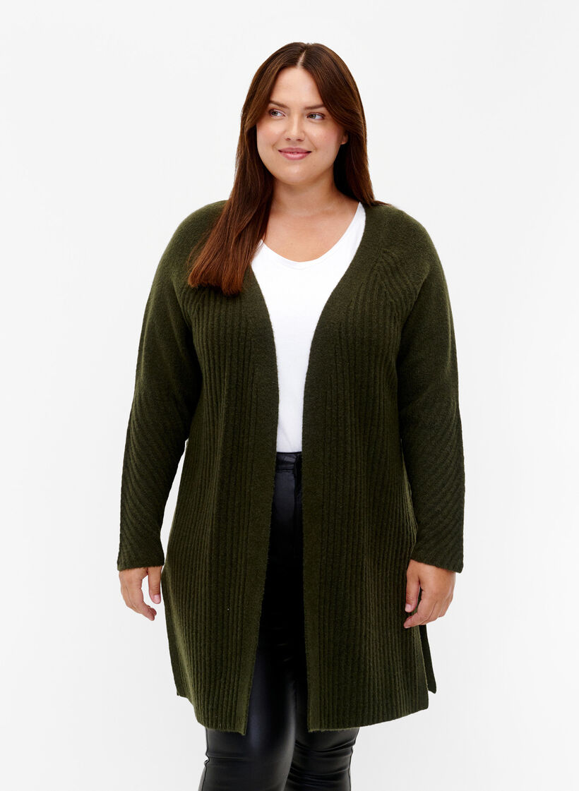 Lange Strickjacke aus Rippenstrick, Forest Night Mel., Model image number 0