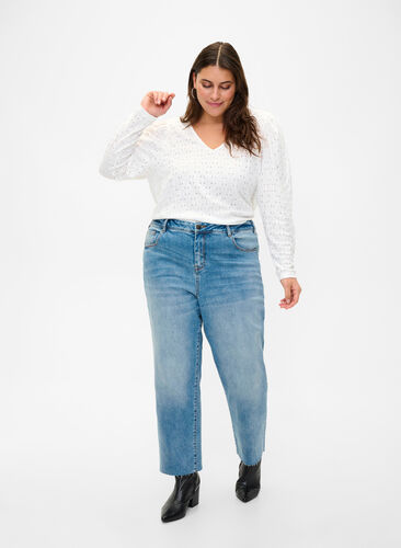 7/8-Jeans mit Fransensaum und hoher Taille, Light blue denim, Image image number 0