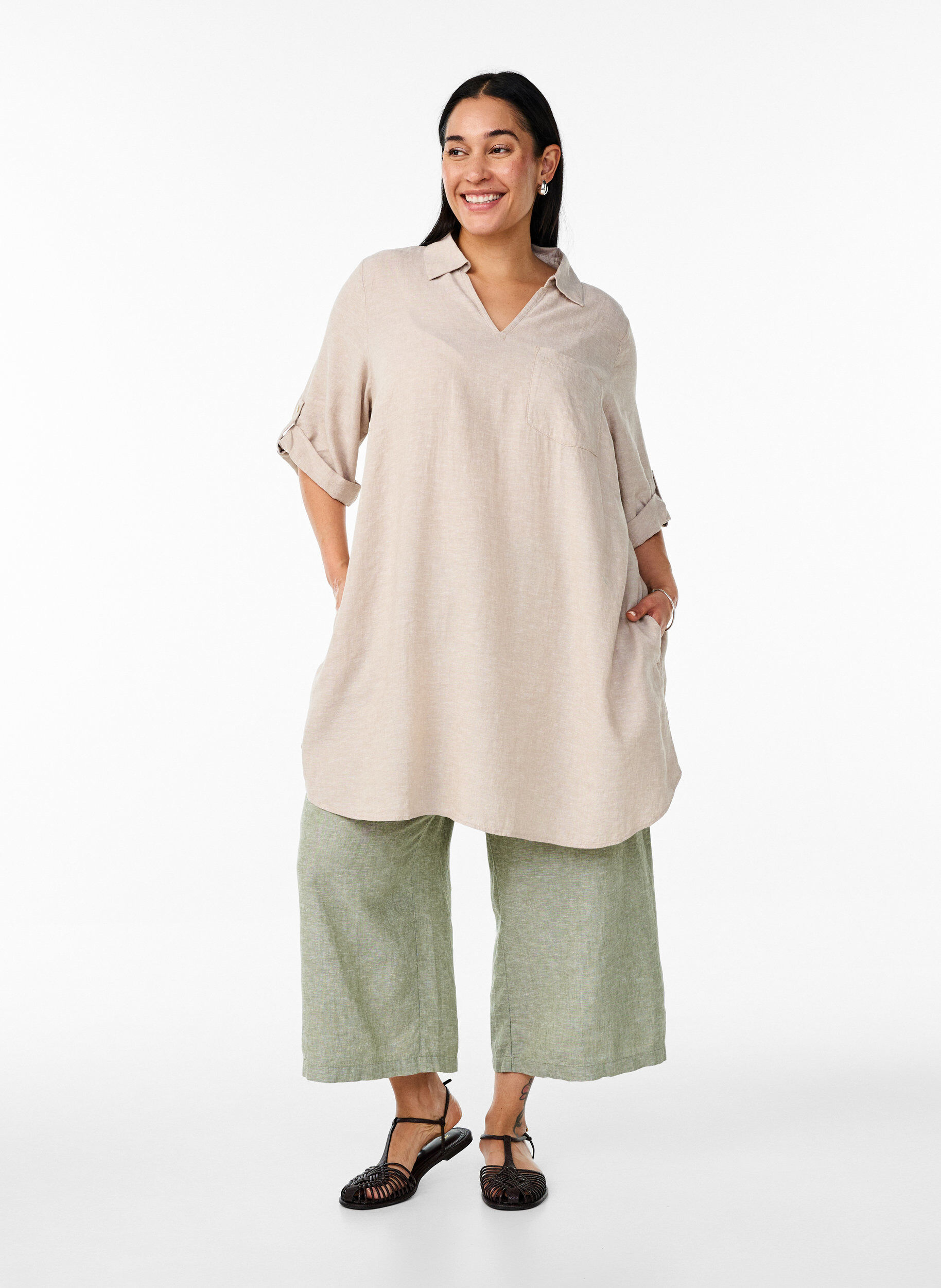 ZizziTunika aus Leinen und Viskose mit A-Linie, Beige, Model image number 1