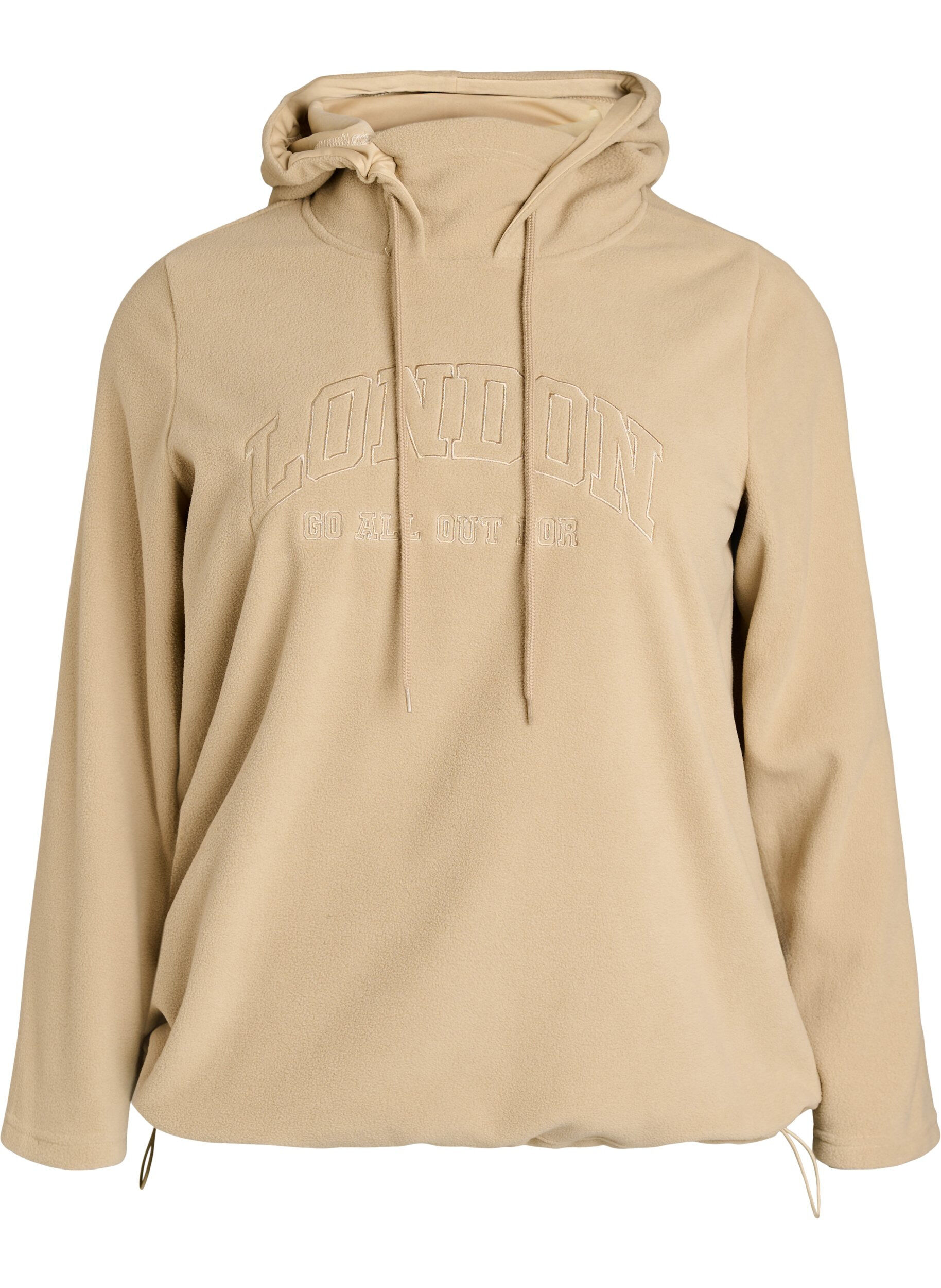 ZizziHoodie aus Fleece mit hohem Kragen und aufgesticktem Text, Beige, Packshot image number 0
