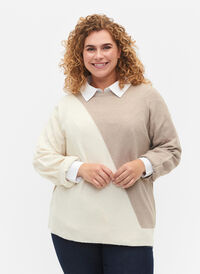 Gestrickte Bluse mit Rundhalsausschnitt und Colorblock, Simply Taupe Comb, Model