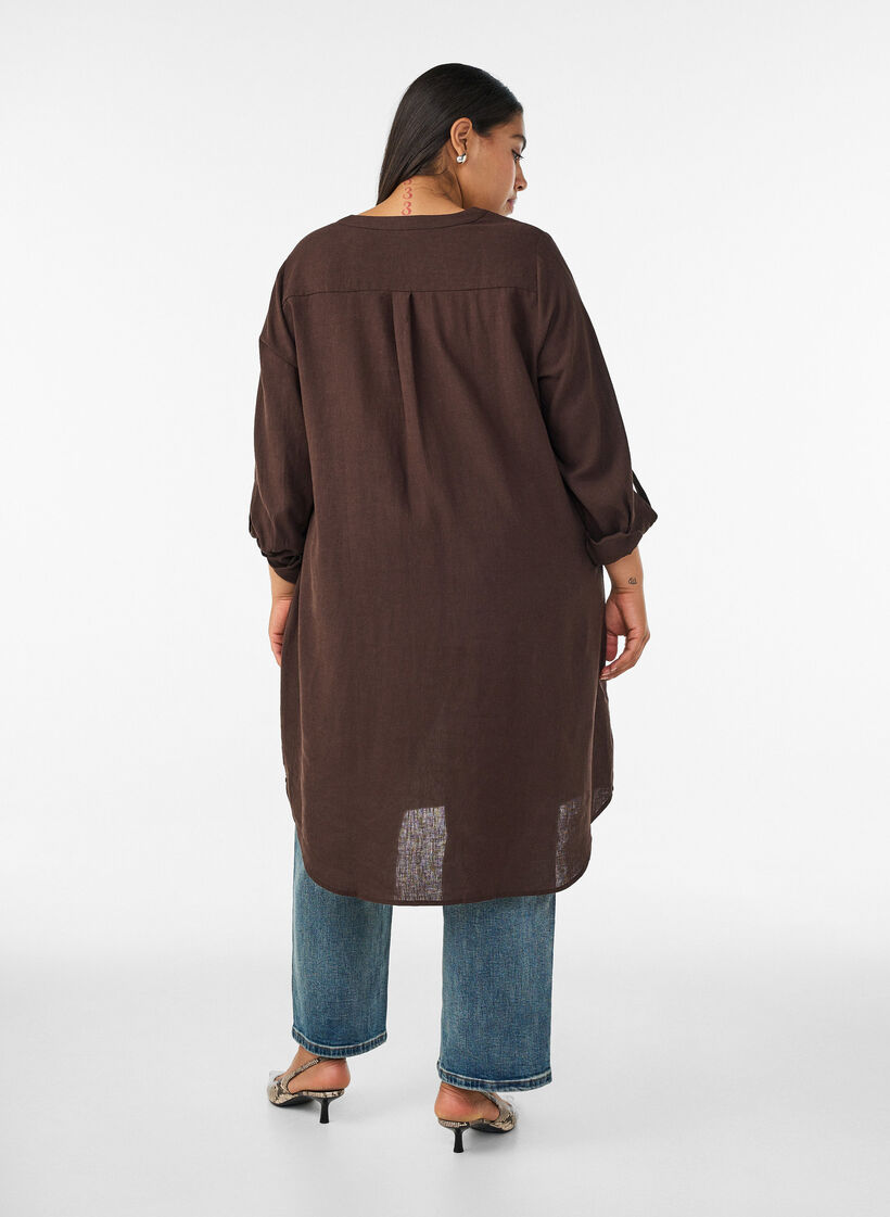 Lange Bluse aus Leinen und Viskose, Braun, Model image number 1