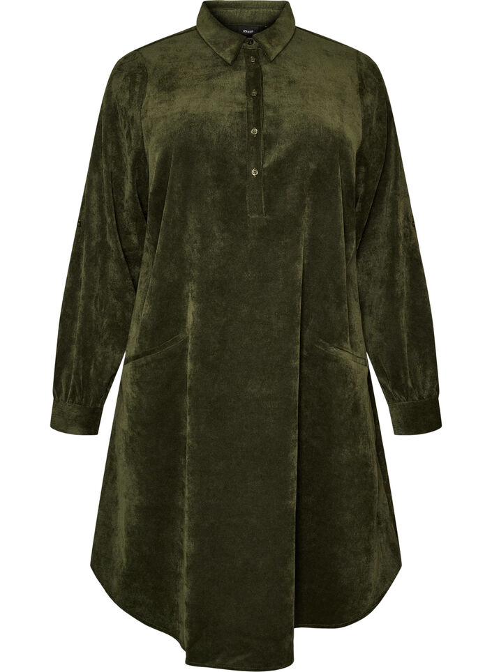 Hemdblusenkleid aus Cord mit Kragen und Knopfleiste, Gr&uuml;n, Packshot image number 0