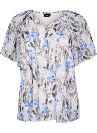 Bedruckte Bluse mit kurzen Ärmeln, Blue Flower AOP, Packshot image number 0
