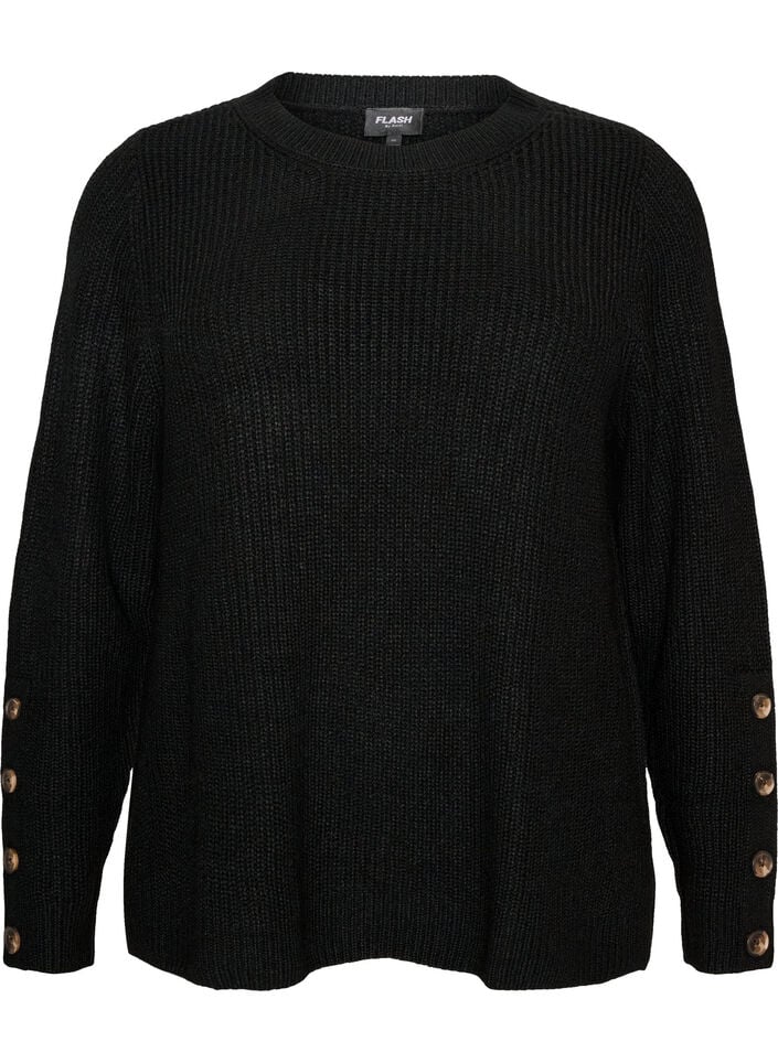 Strickbluse mit Rippstruktur und Knopfdetails, Schwarz, Packshot image number 0