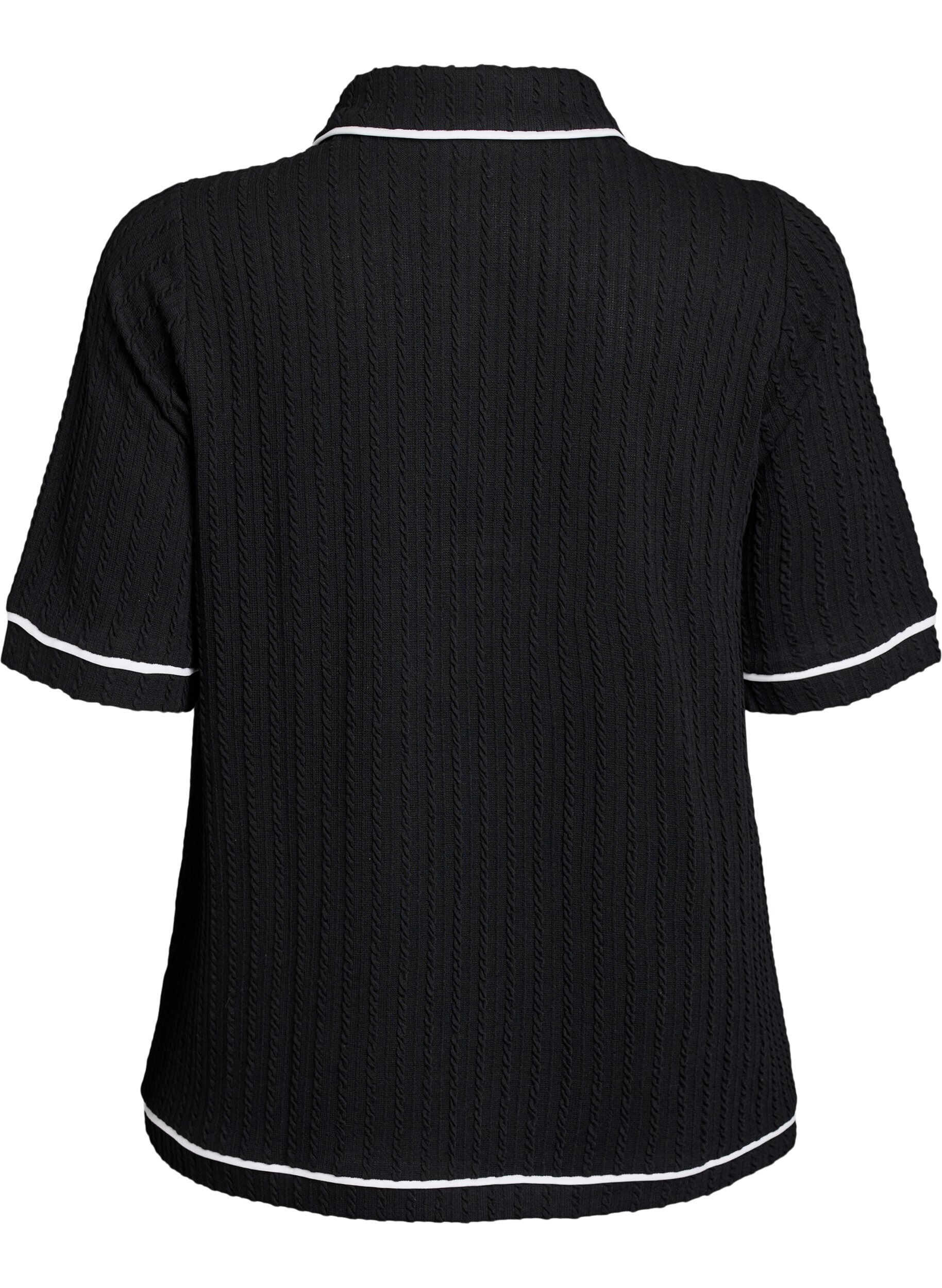 ZizziPoloshirt aus texturiertem Jersey mit Kontrastborten, Schwarz, Packshot image number 1