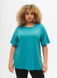 Kurzärmeliges Trainings-T-Shirt mit Rundhalsausschnitt, Green-Blue Slate, Model