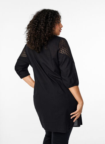 Kleid aus einer Baumwollmischung mit Leinen und Häkeldetails, Black, Model image number 1