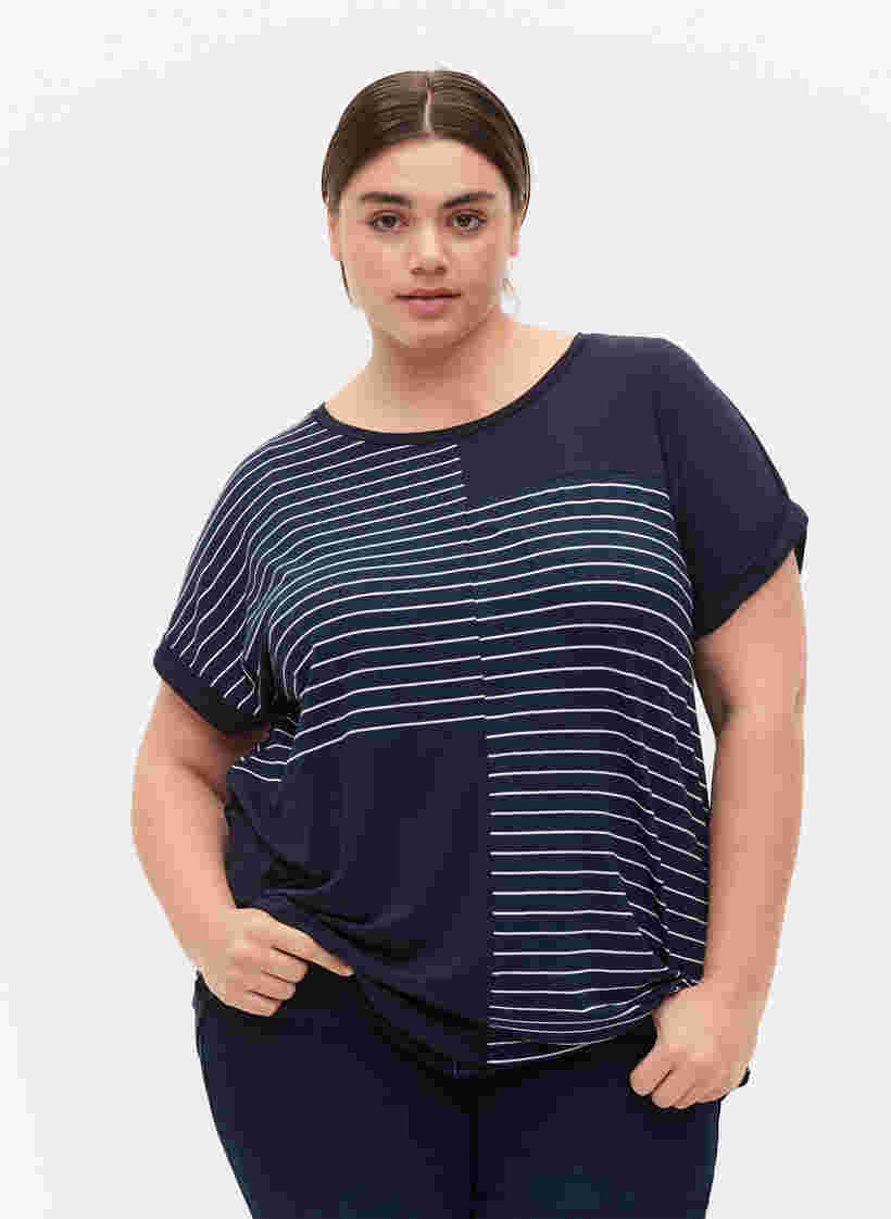 Kurzärmeliges Viskose-T-Shirt mit Streifen, Night Sky Stripe, Model image number 0