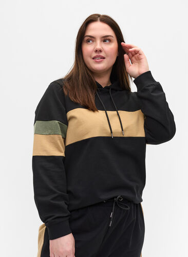 Sweatshirt mit Kapuze und Trackdetails, Black/Camel, Model image number 0