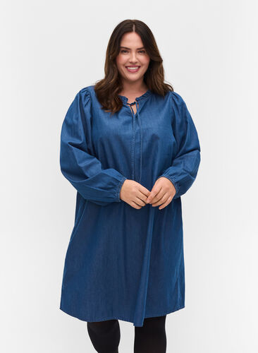 Denimkleid aus Baumwolle mit Bindedetail, Blue denim, Model image number 0