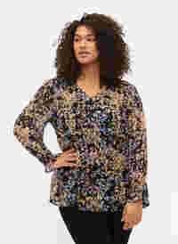 Geblümte Bluse mit langen Ärmeln und V-Ausschnitt, Black/Vibrant Flower, Model