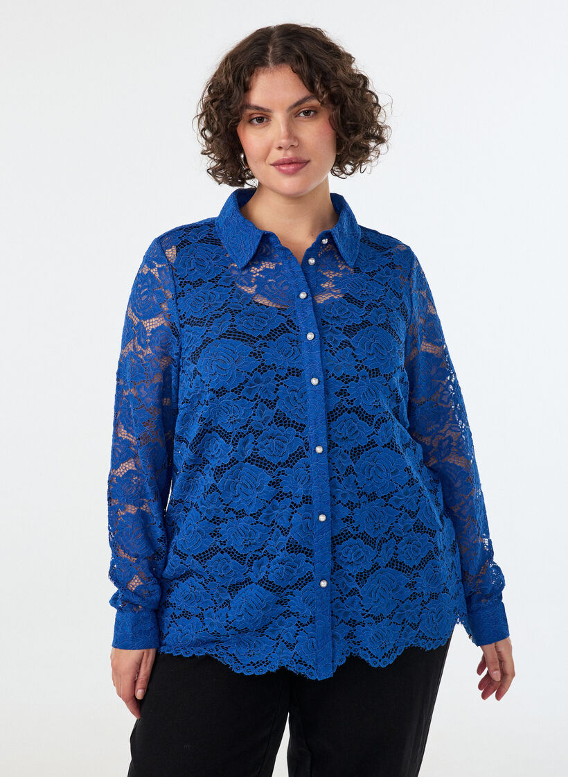 Spitzenbluse mit Perlenkn&ouml;pfen, Blau, Model image number 0