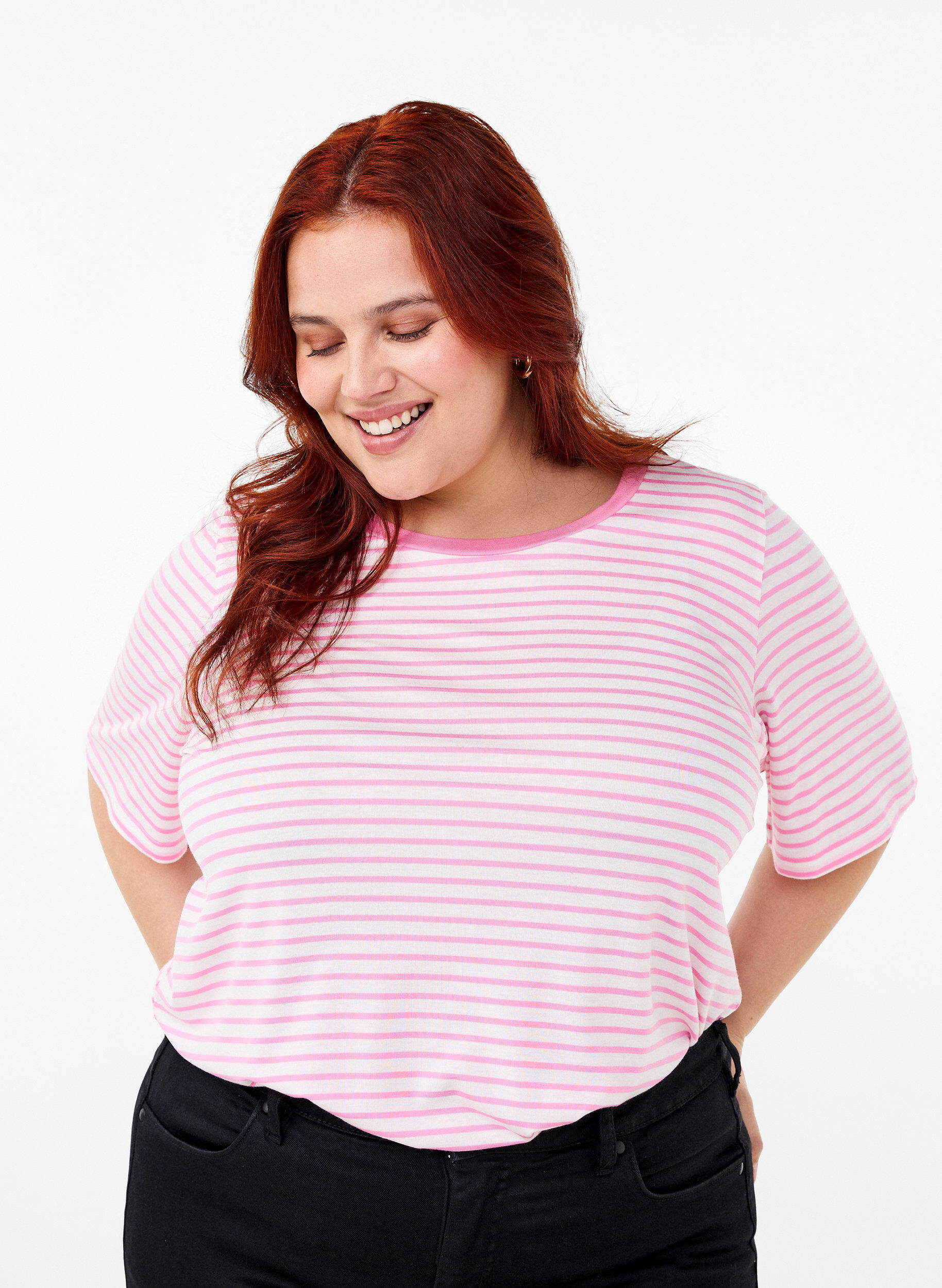 ZizziGestreiftes T-Shirt aus Lyocell mit Rundhalsausschnitt, Rot, Model image number 0