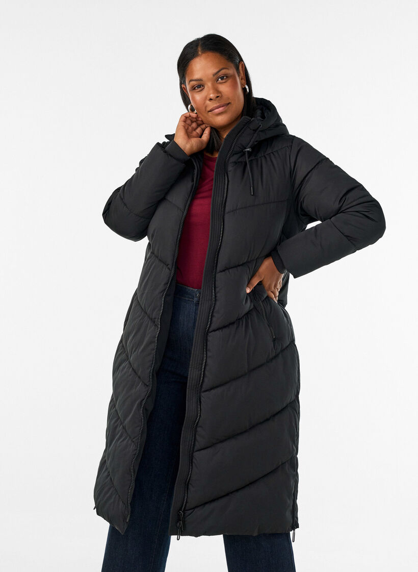 Langer Puffermantel mit Kapuze und Taschen, Schwarz, Model image number 0