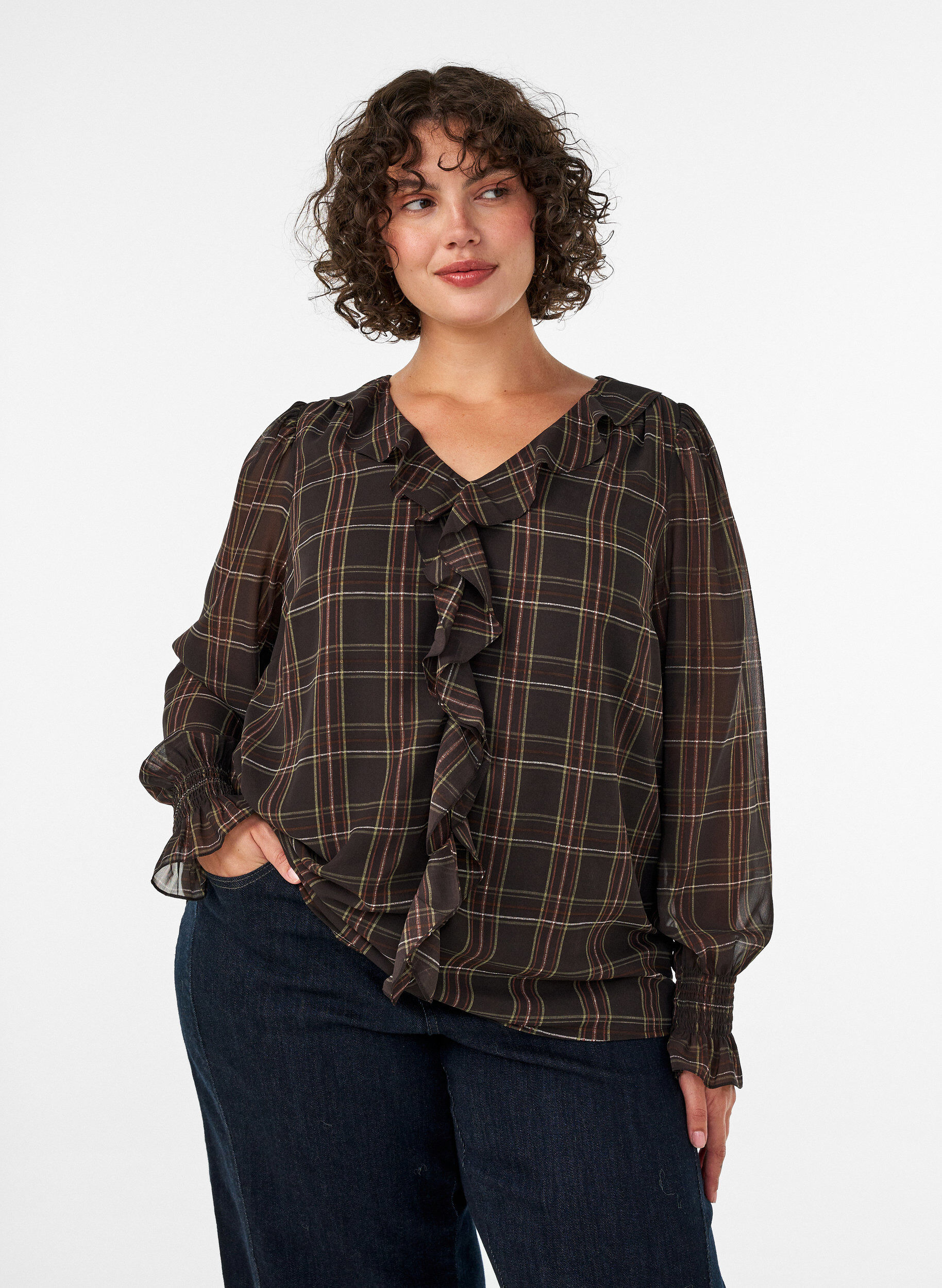 ZizziBluse mit Karomuster und R&uuml;schendetails, Gr&uuml;n, Model image number 0