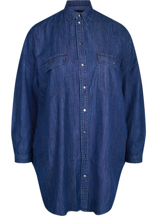 Oversize Denim-Hemdbluse mit Taschen, Dark blue denim, Packshot image number 0