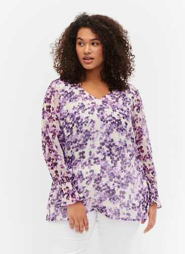 Geblümte Bluse mit langen Ärmeln und V-Ausschnitt, Beige/Purple Flower, Model image number 0