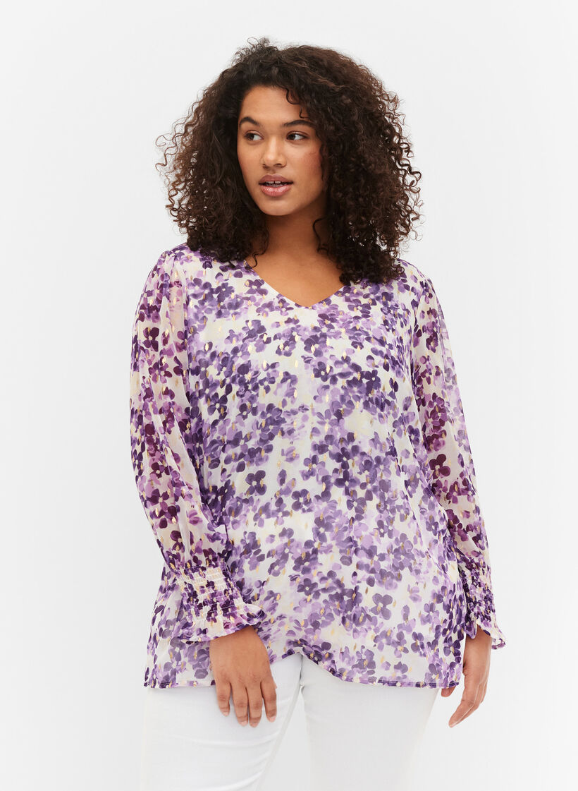 Geblümte Bluse mit langen Ärmeln und V-Ausschnitt, Beige/Purple Flower, Model