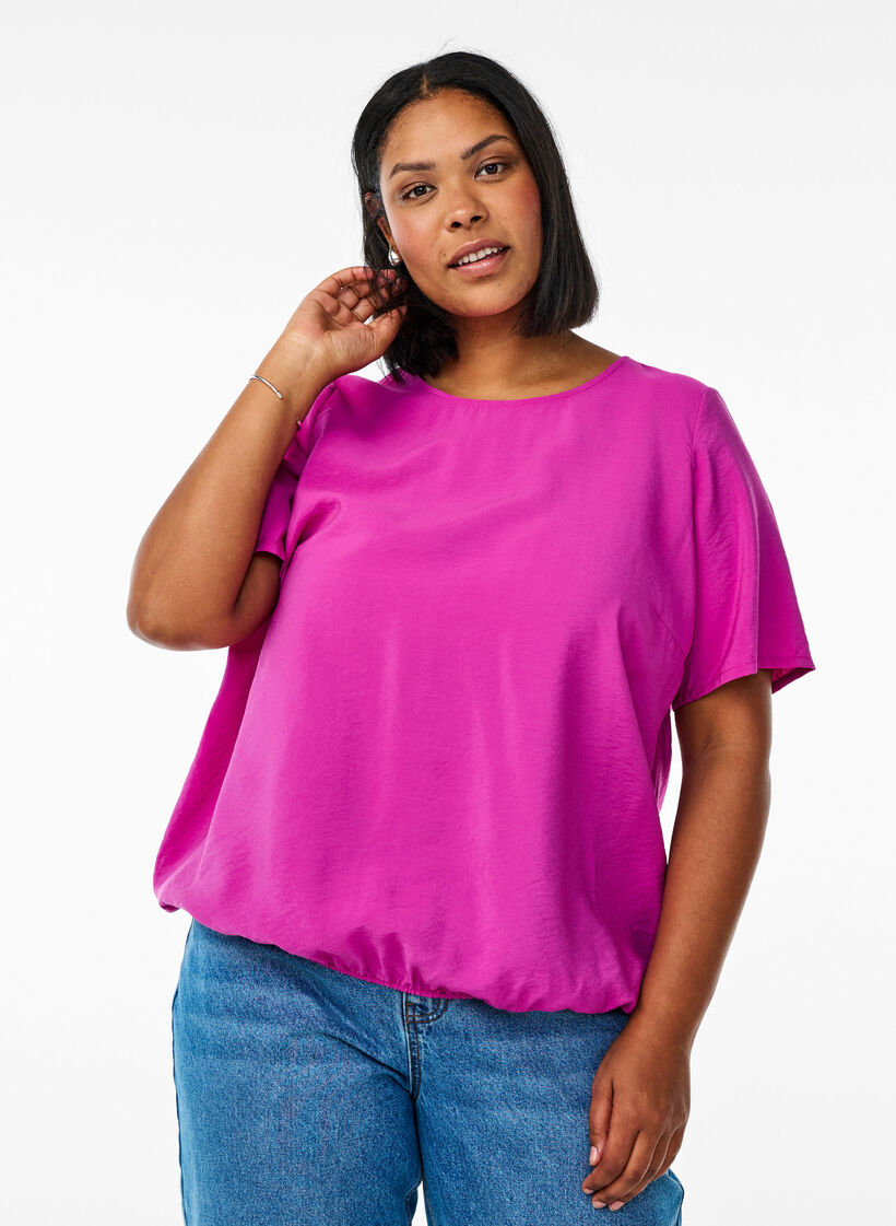Bluse mit kurzen Ärmeln und elastischem Saum, Pink, Model image number 0