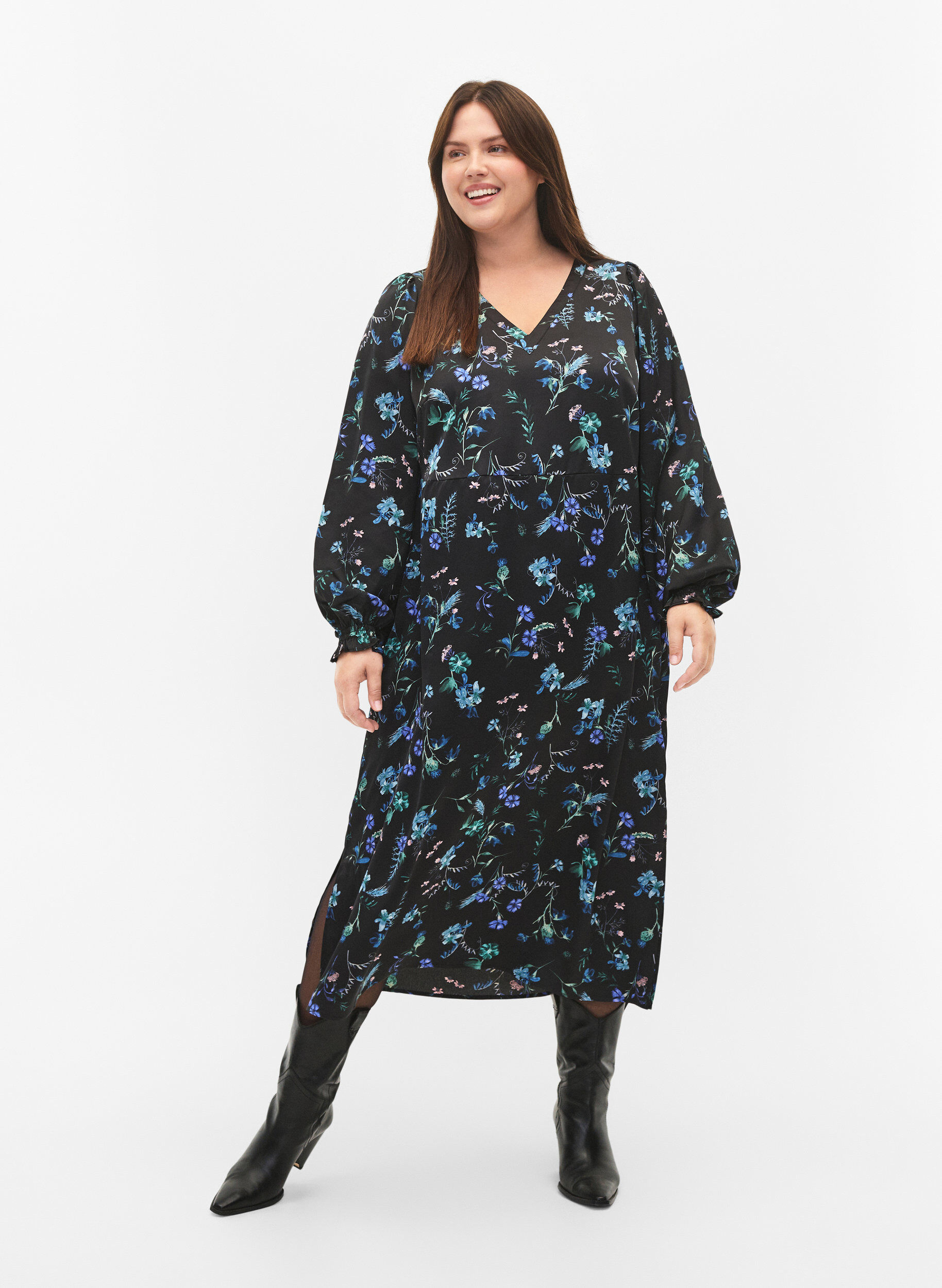 ZizziLang&auml;rmliges Midikleid mit Blumenmuster, Blue Flower AOP, Model image number 0