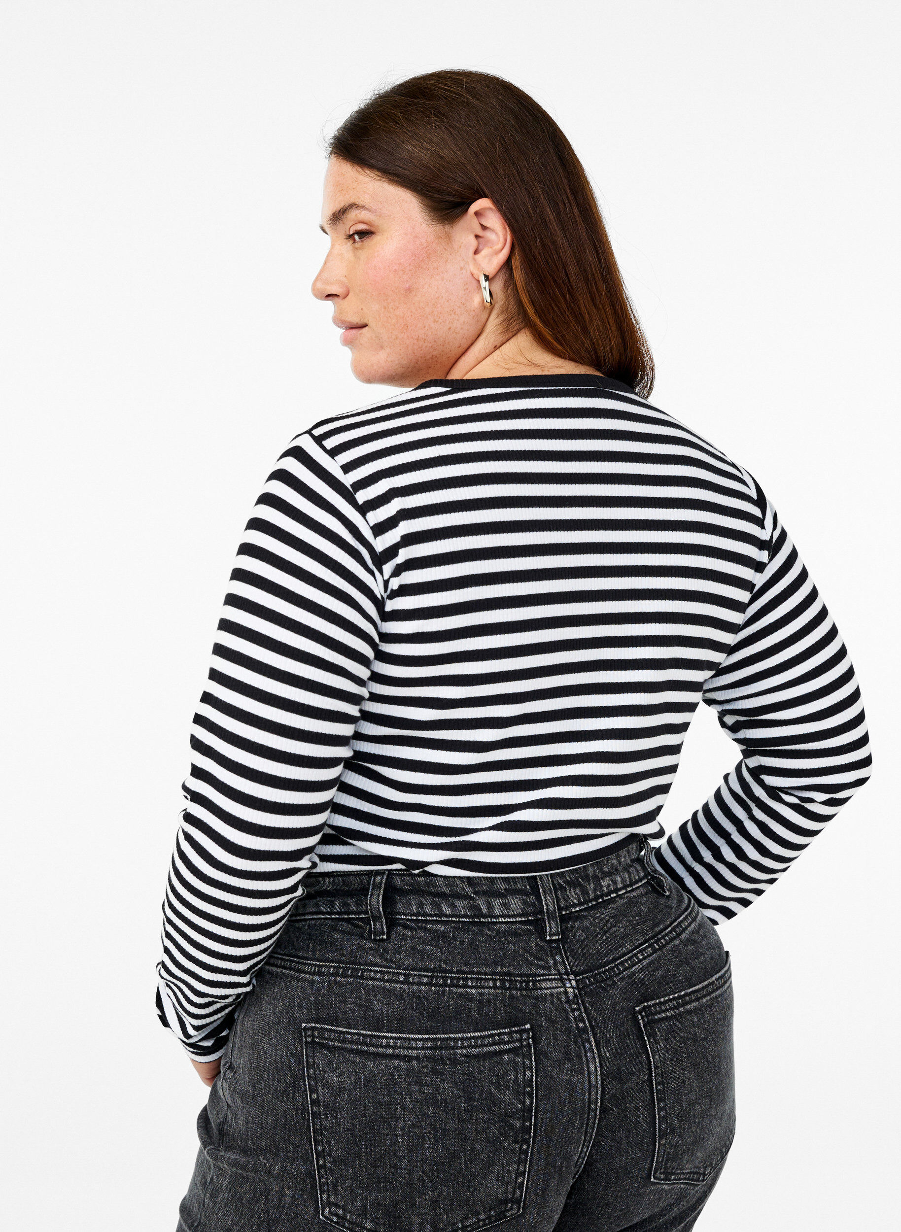 ZizziGestreifte Bluse mit langen &Auml;rmeln, Schwarz, Model image number 2