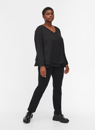 Langarm Bluse mit V-Ausschnitt, Black, Model image number 2