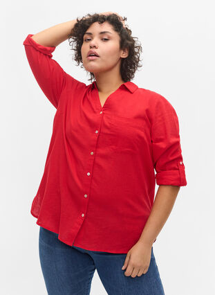 Bluse mit 3/4-Ärmeln und Knöpfen, Chinese Red, Model image number 0
