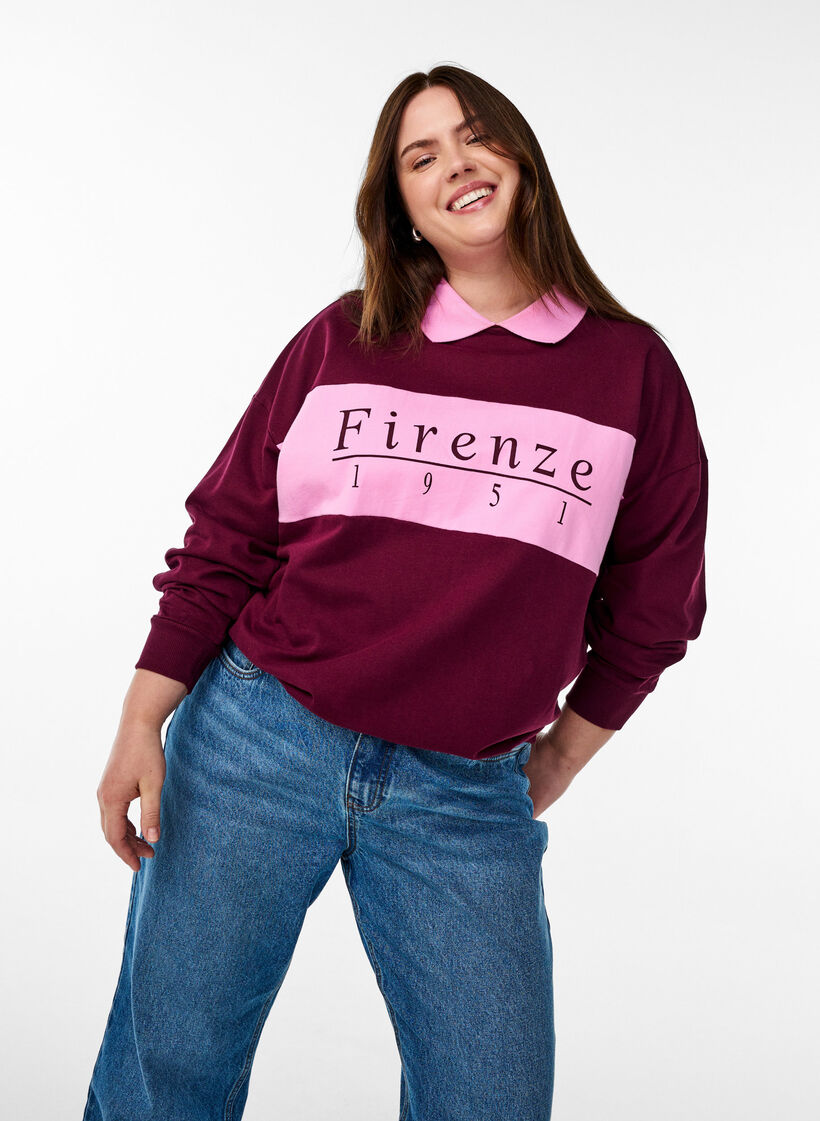 Sweatshirt aus Bio-Baumwolle mit Kragen und Kontrastprint, Dunkles Bordeaux, Model image number 3