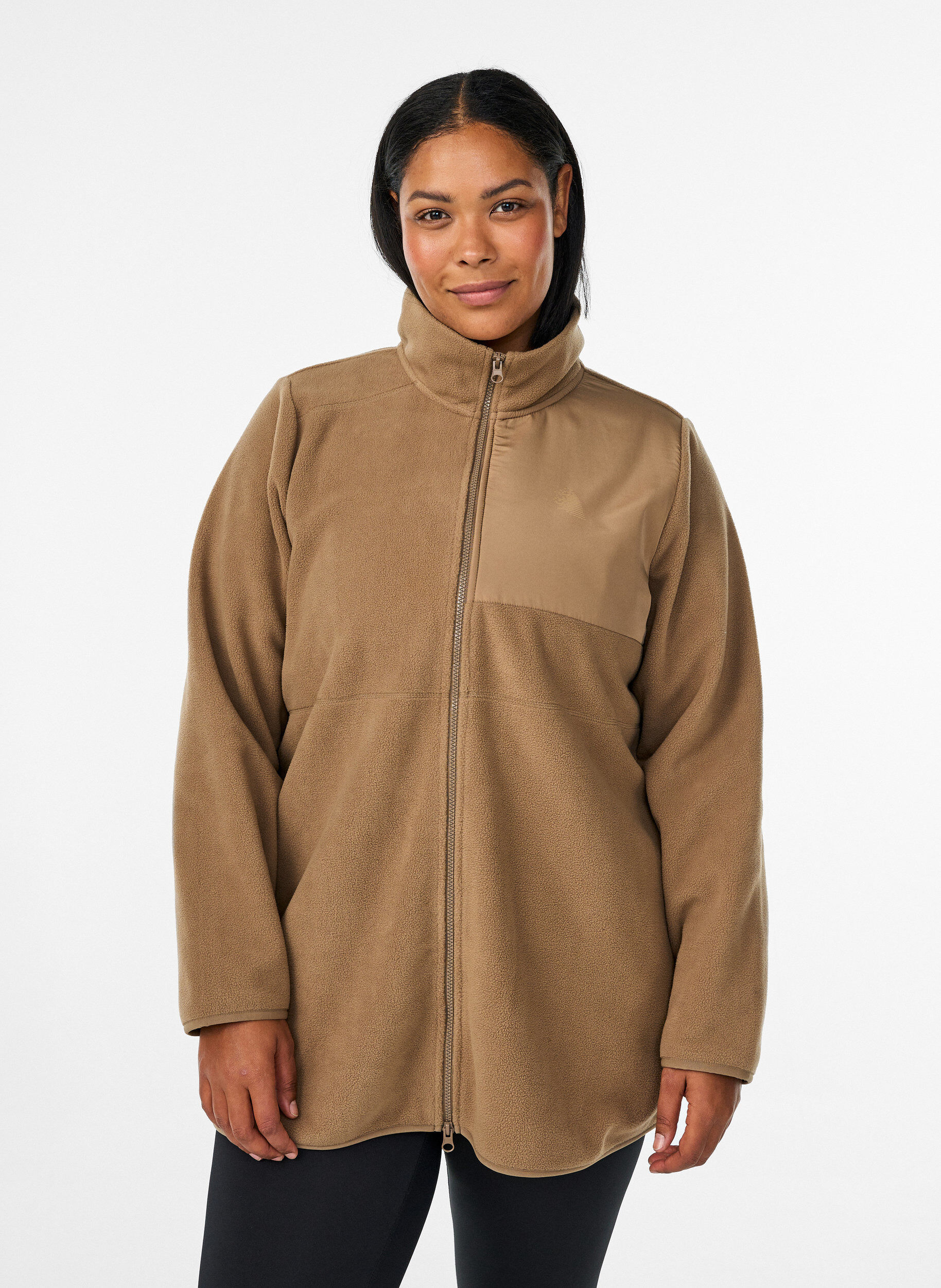 ZizziFleecejacke mit hohem Kragen und Rei&szlig;verschluss, Braun, Model image number 0