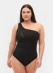 One-Shoulder-Badeanzug mit Mesh, Black, Model image number 0