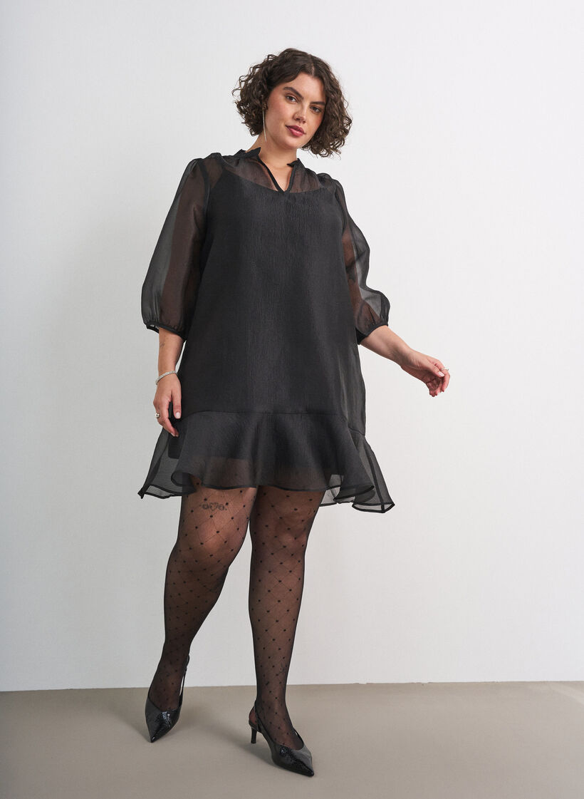 Kurzes Kleid aus Organza mit R&uuml;schensaum, Schwarz, Model image number 1